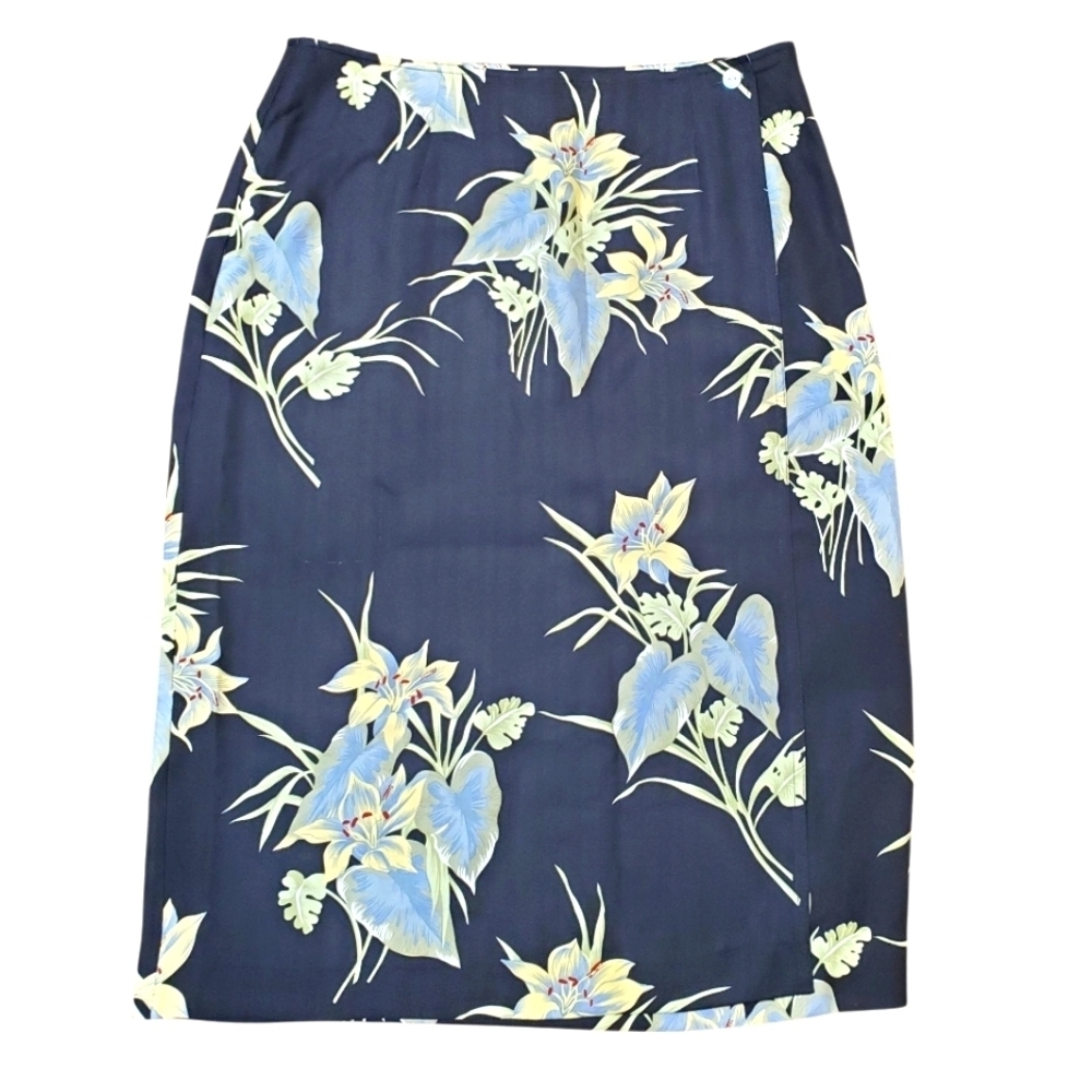 Banana Bay Dark Blue Floral Pencil Skirt. 100% Silk. 14. #296